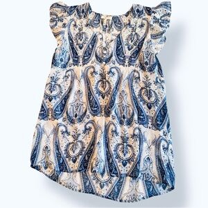 JOIE 100% Silk Navy Blue & White Paisley Blouse w Ruffle Cap Sleeves Women’s Top